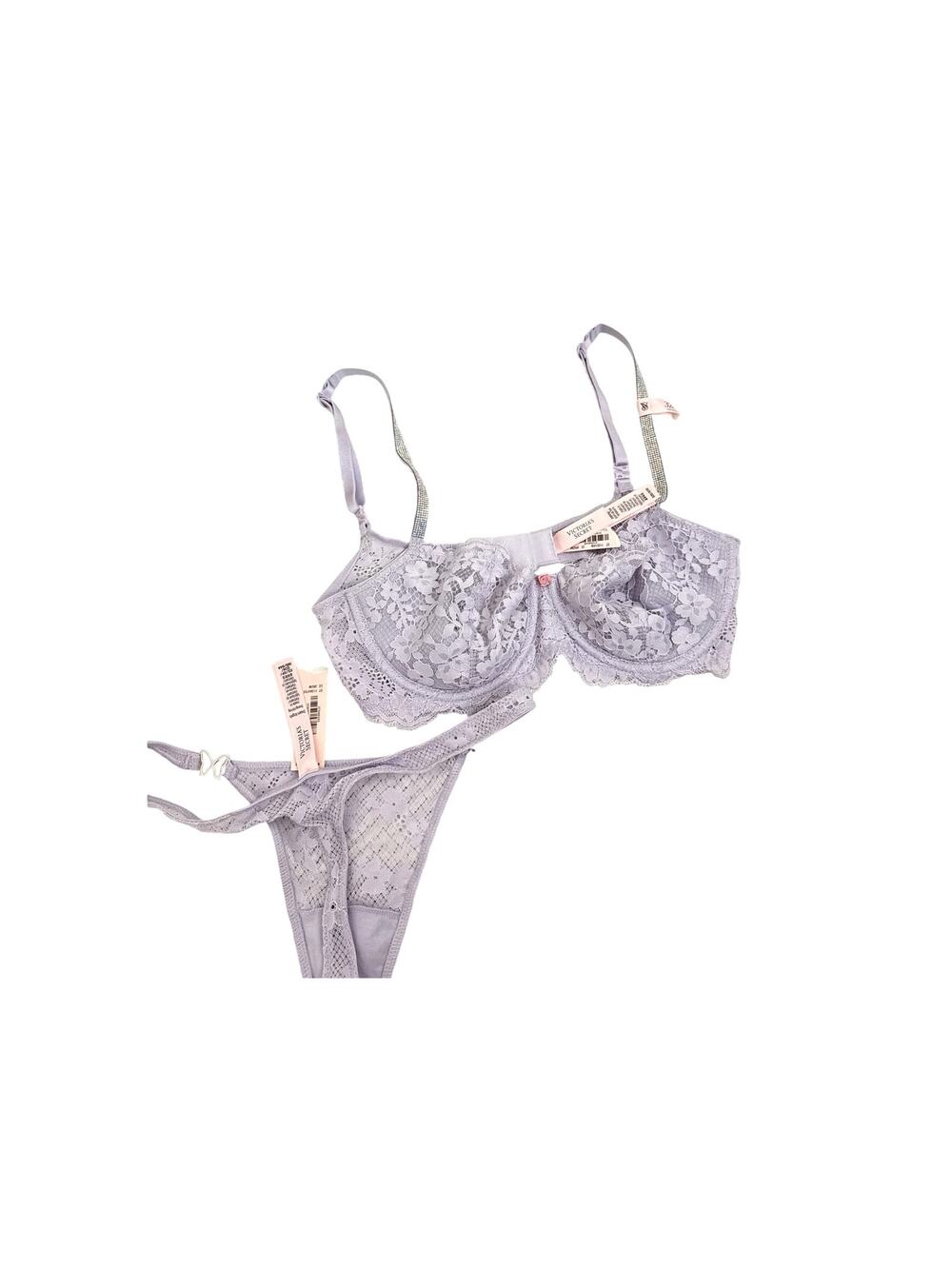 NWT Victoria's Secret Lingerie Purple Lace Diamond Detail Bra 32D Thong Panty XS